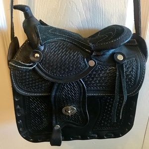 Vintage Tooled Leather Black Horse Saddle Bag